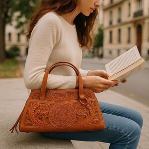 Vintage Ideal Brown Leather Bag Tote Tanned Natural Hand Tooled